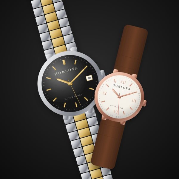 Coffret montres couple Duo Horizon Horlova – les deux montres sur fond noir (Atlas Noir pour lui et Sahara Classique pour elle)