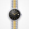 Montre automatique homme Atlas Noir Horlova – vue de face, cadran noir soleillé, index dorés, bracelet acier bicolore