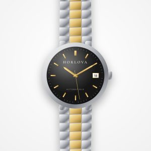 Montre automatique homme Atlas Noir Horlova – vue de face, cadran noir soleillé, index dorés, bracelet acier bicolore