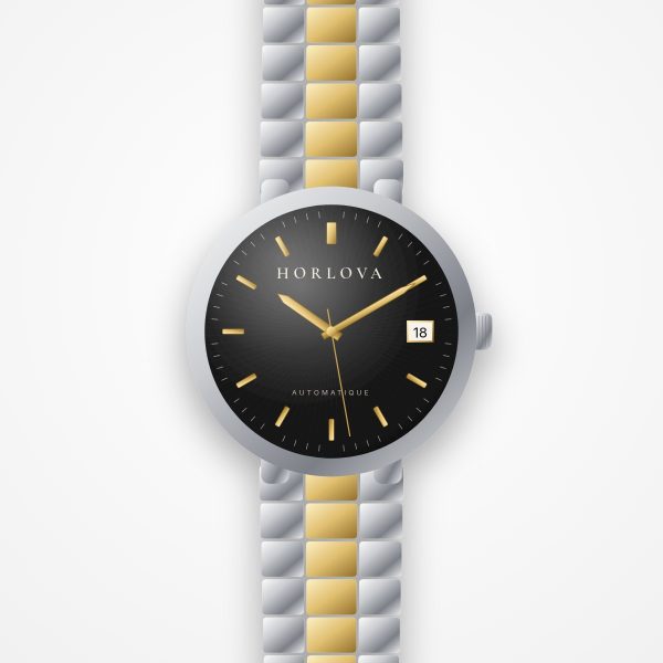 Montre automatique homme Atlas Noir Horlova – vue de face, cadran noir soleillé, index dorés, bracelet acier bicolore