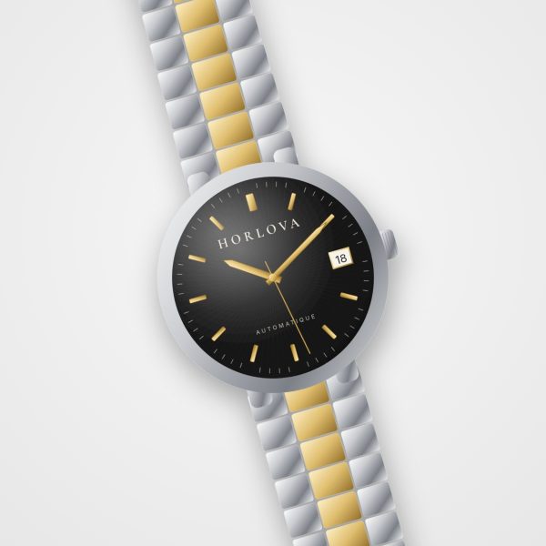 Montre automatique homme Atlas Noir Horlova – vue de trois-quarts, cadran noir soleillé, index dorés, bracelet acier bicolore