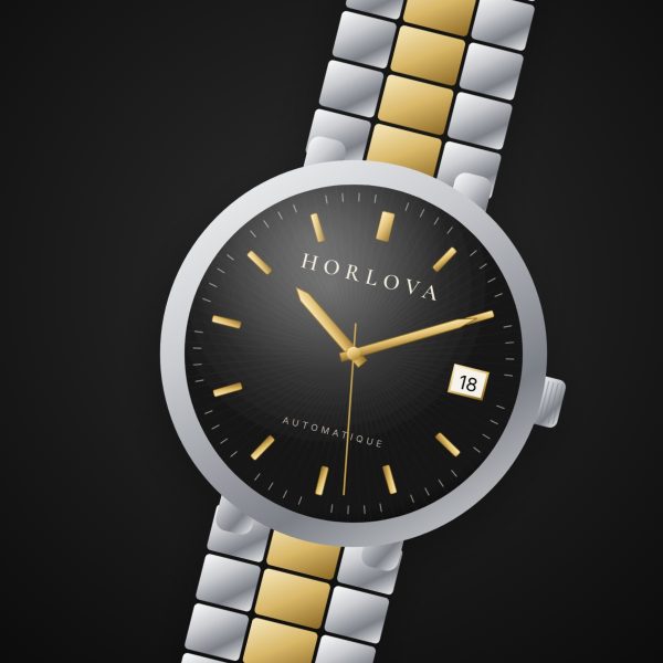 Montre automatique homme Atlas Noir Horlova – sur fond noir, cadran noir soleillé, index dorés, bracelet acier bicolore