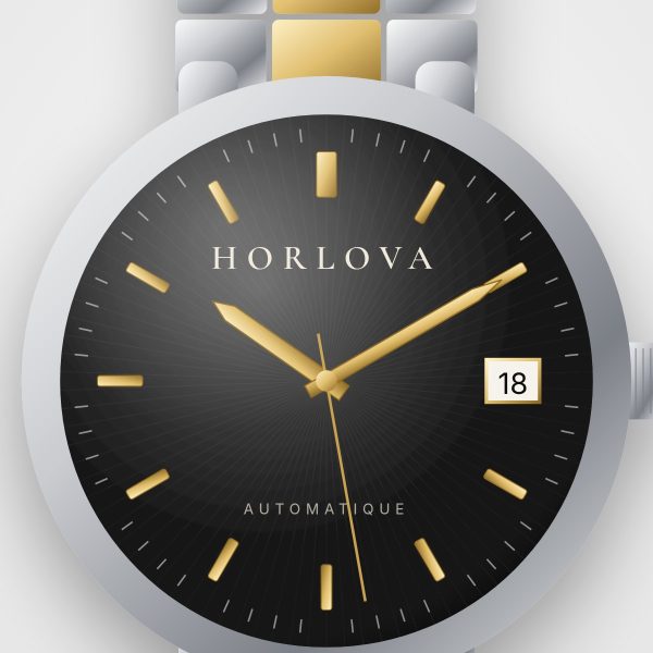 Montre automatique homme Atlas Noir Horlova – gros plan sur le cadran, cadran noir soleillé, index dorés, bracelet acier bicolore
