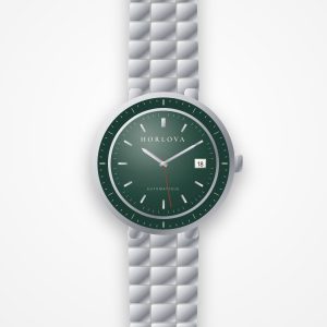 Montre automatique homme Atlas Vert Horlova – vue de face, cadran vert émeraude, lunette graduée, bracelet acier