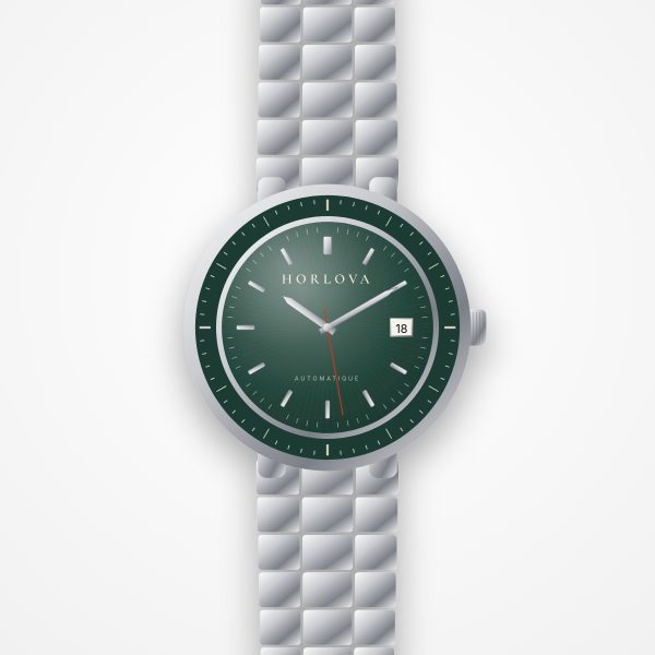 Montre automatique homme Atlas Vert Horlova – vue de face, cadran vert émeraude, lunette graduée, bracelet acier