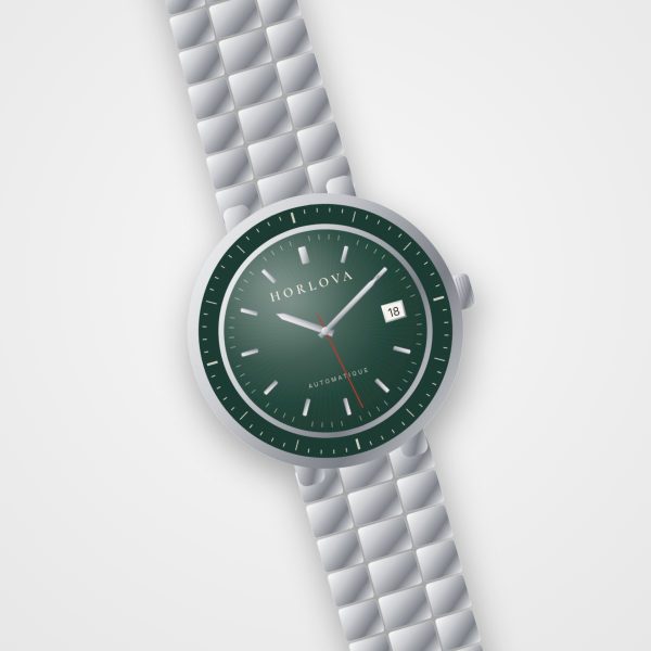 Montre automatique homme Atlas Vert Horlova – vue de trois-quarts, cadran vert émeraude, lunette graduée, bracelet acier