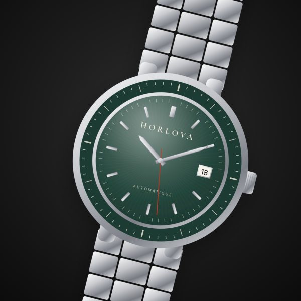 Montre automatique homme Atlas Vert Horlova – sur fond noir, cadran vert émeraude, lunette graduée, bracelet acier