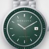 Montre automatique homme Atlas Vert Horlova – gros plan sur le cadran, cadran vert émeraude, lunette graduée, bracelet acier