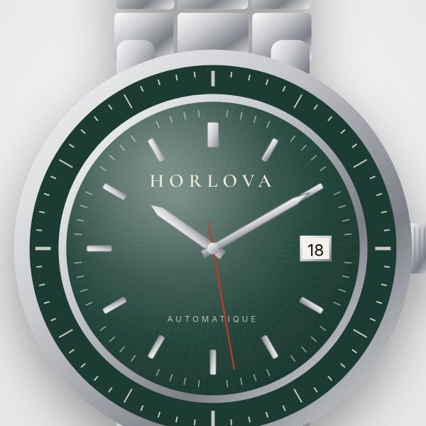 Montre automatique homme Atlas Vert Horlova – gros plan sur le cadran, cadran vert émeraude, lunette graduée, bracelet acier