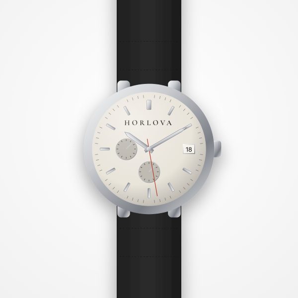 Montre chronographe homme Médina Horlova – vue de face, cadran crème à compteurs, bracelet cuir noir