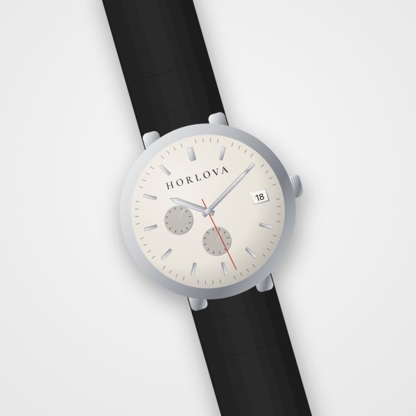 Montre chronographe homme Médina Horlova – vue de trois-quarts, cadran crème à compteurs, bracelet cuir noir