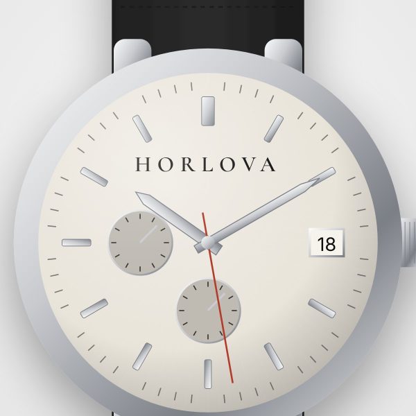 Montre chronographe homme Médina Horlova – gros plan sur le cadran, cadran crème à compteurs, bracelet cuir noir