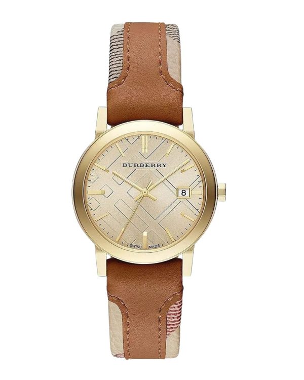 Montre femme Burberry 34 mm réf. BU9133, bracelet cuir, mouvement quartz – vue de face | Horlova Maroc