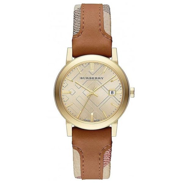 Montre femme Burberry 34 mm réf. BU9133, bracelet cuir, mouvement quartz – vue de trois-quarts
