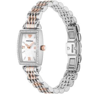 Montre femme Emporio Armani 26 mm réf. AR11519, cadran blanc, bracelet acier – vue de trois-quarts