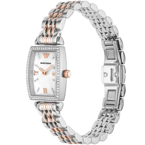 Montre femme Emporio Armani 26 mm réf. AR11519, cadran blanc, bracelet acier – vue de trois-quarts
