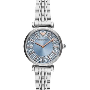 Montre femme Emporio Armani 32 mm réf. AR11594, cadran bleu, bracelet acier, mouvement quartz – vue de face | Horlova Maroc