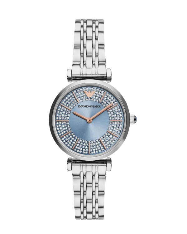 Montre femme Emporio Armani 32 mm réf. AR11594, cadran bleu, bracelet acier, mouvement quartz – vue de face | Horlova Maroc