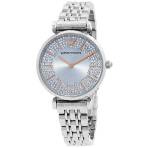 Montre femme Emporio Armani 32 mm réf. AR11594, cadran bleu, bracelet acier – vue de trois-quarts