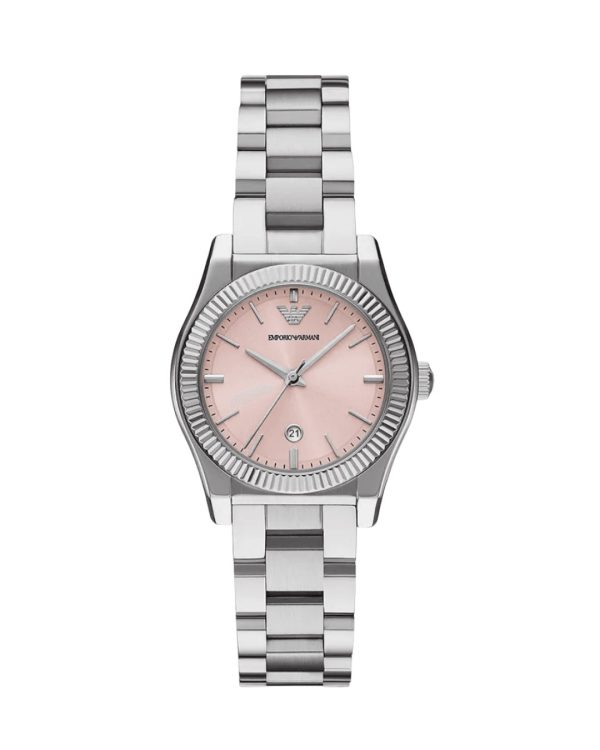 Montre femme Emporio Armani 32 mm réf. AR11658, cadran rose, bracelet acier, mouvement quartz – vue de face | Horlova Maroc