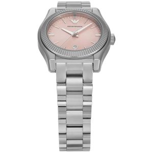Montre femme Emporio Armani 32 mm réf. AR11658, cadran rose, bracelet acier – vue de trois-quarts