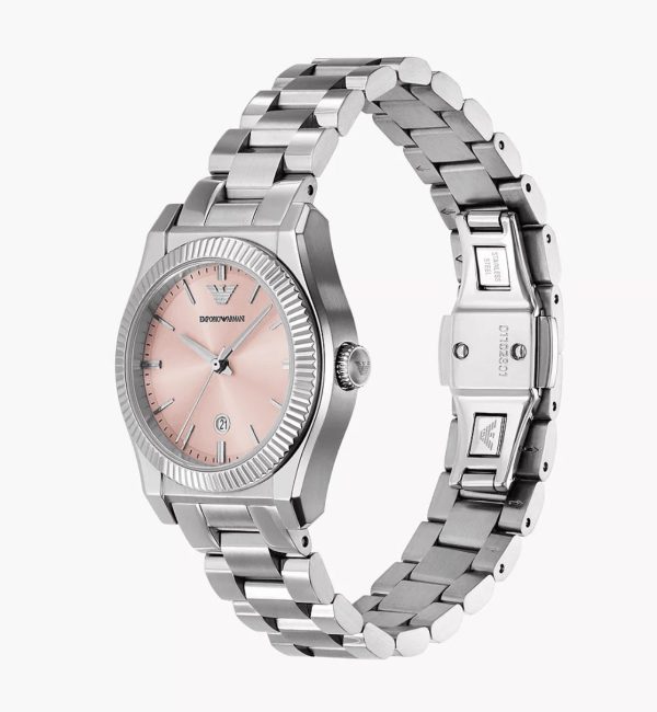 Montre femme Emporio Armani 32 mm réf. AR11658, cadran rose, bracelet acier, mouvement quartz – autre angle