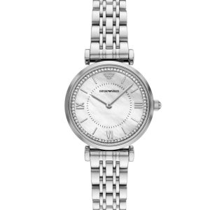 Montre femme Emporio Armani 32 mm réf. AR11701, cadran argenté, bracelet acier, mouvement quartz – vue de face | Horlova Maroc