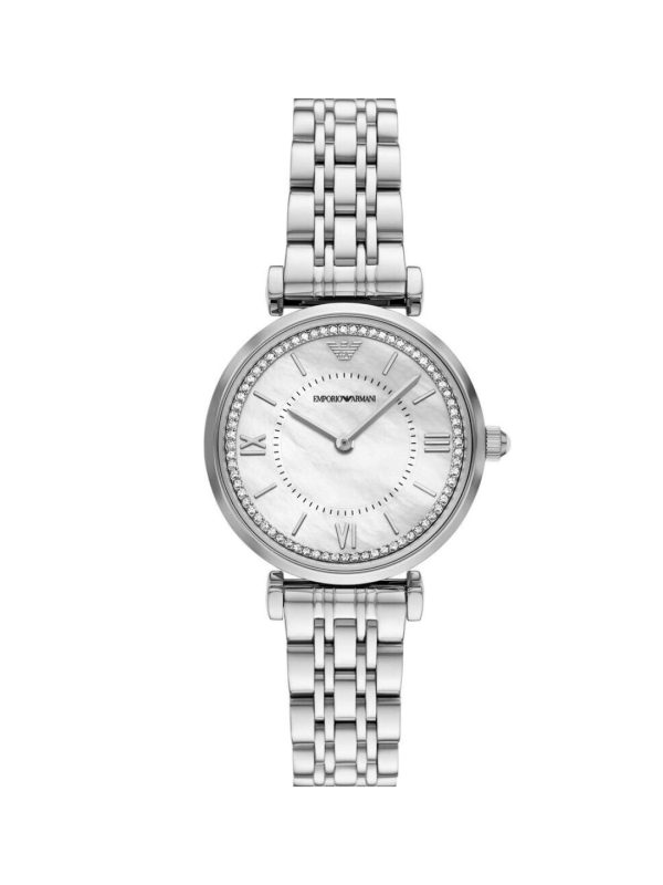 Montre femme Emporio Armani 32 mm réf. AR11701, cadran argenté, bracelet acier, mouvement quartz – vue de face | Horlova Maroc