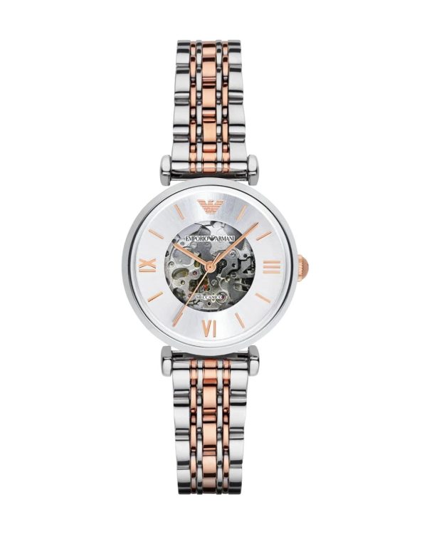 Montre femme Emporio Armani 32 mm réf. AR1992, cadran argenté, bracelet acier, mouvement automatique – vue de face | Horlova Maroc