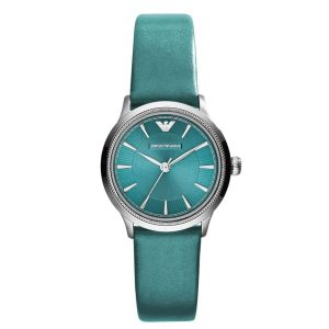 Montre femme Emporio Armani Alpha Xsmall Turquoise réf. AR1804, cadran bleu, bracelet cuir, mouvement quartz – vue de face | Horlova Maroc