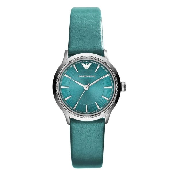 Montre femme Emporio Armani Alpha Xsmall Turquoise réf. AR1804, cadran bleu, bracelet cuir, mouvement quartz – vue de face | Horlova Maroc