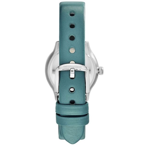 Montre femme Emporio Armani Alpha Xsmall Turquoise réf. AR1804, cadran bleu, bracelet cuir – vue de trois-quarts