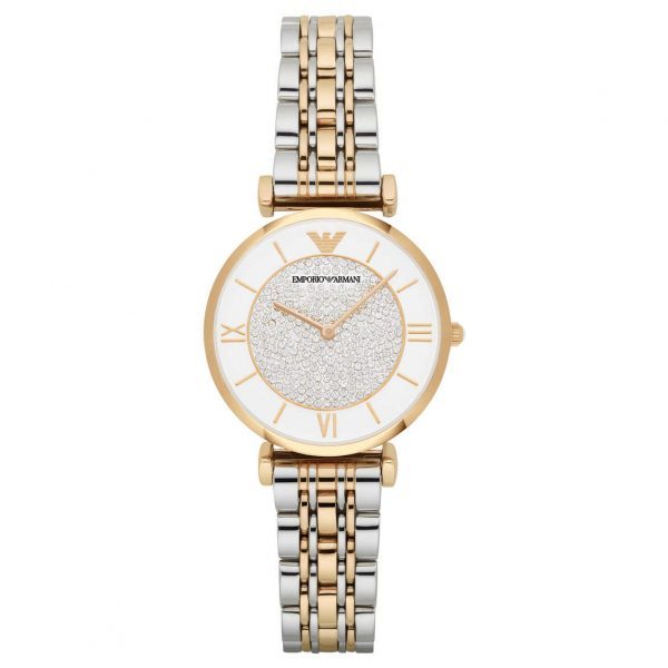 Montre femme Emporio Armani réf. AR2076, bracelet acier, mouvement quartz – vue de face | Horlova Maroc