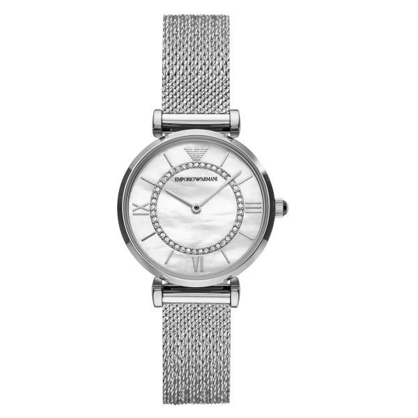 Montre femme Emporio Armani Gianni Bar 32 mm réf. AR11319, cadran blanc, bracelet maille milanaise – vue de face | Horlova Maroc