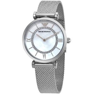 Montre femme Emporio Armani Gianni Bar 32 mm réf. AR11319, cadran blanc, bracelet maille milanaise – vue de trois-quarts