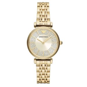 Montre femme Emporio Armani Gianni Bar 32 mm réf. AR11608, cadran doré, bracelet acier, mouvement quartz – vue de face | Horlova Maroc