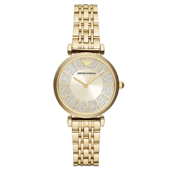 Montre femme Emporio Armani Gianni Bar 32 mm réf. AR11608, cadran doré, bracelet acier, mouvement quartz – vue de face | Horlova Maroc