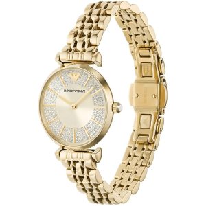 Montre femme Emporio Armani Gianni Bar 32 mm réf. AR11608, cadran doré, bracelet acier – vue de trois-quarts