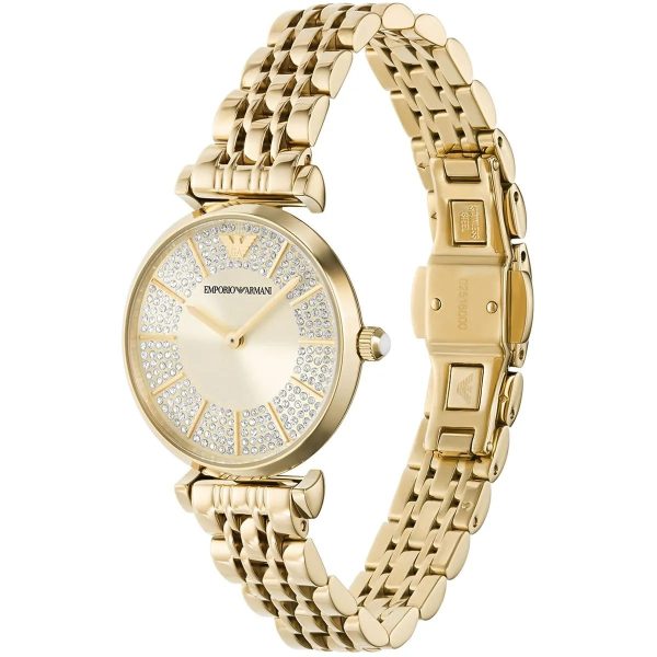 Montre femme Emporio Armani Gianni Bar 32 mm réf. AR11608, cadran doré, bracelet acier – vue de trois-quarts