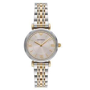 Montre femme Emporio Armani Gianni Bar 32 mm réf. AR11702, cadran beige, bracelet acier, mouvement quartz – vue de face | Horlova Maroc