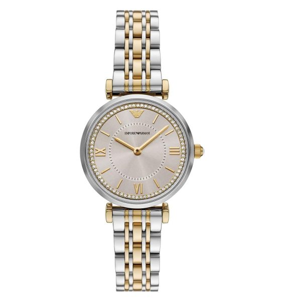 Montre femme Emporio Armani Gianni Bar 32 mm réf. AR11702, cadran beige, bracelet acier, mouvement quartz – vue de face | Horlova Maroc