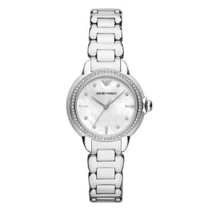 Montre femme Emporio Armani Mia 32 mm réf. AR11596, cadran blanc, bracelet acier, mouvement quartz – vue de face | Horlova Maroc