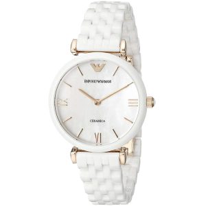 Montre femme Emporio Armani Ontre 32 mm réf. AR1486, cadran blanc, mouvement quartz – vue de trois-quarts