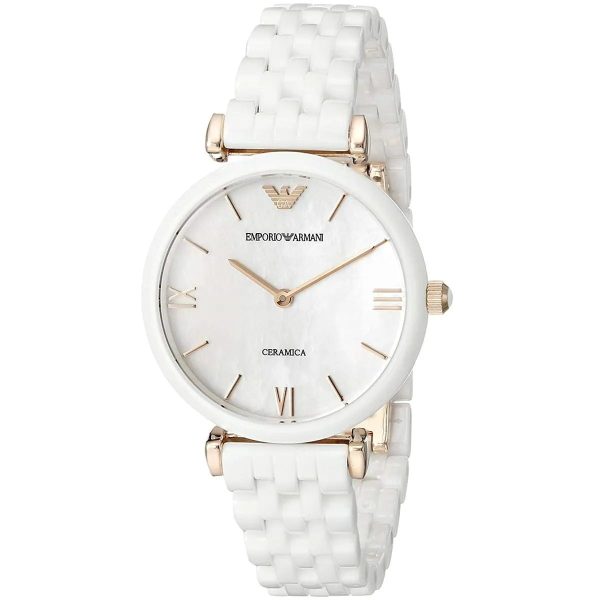 Montre femme Emporio Armani Ontre 32 mm réf. AR1486, cadran blanc, mouvement quartz – vue de trois-quarts