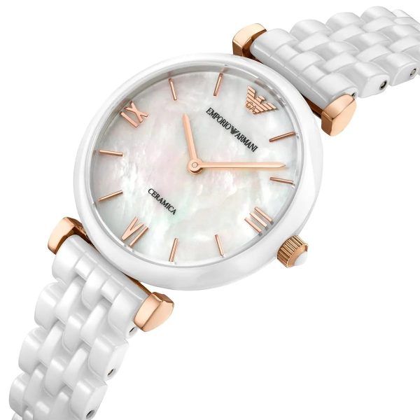 Montre femme Emporio Armani Ontre 32 mm réf. AR1486, cadran blanc, mouvement quartz – autre angle