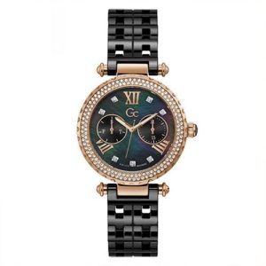 Montre femme Gc 36 mm réf. Y71007L2MF, cadran noir, bracelet céramique, mouvement quartz – vue de face | Horlova Maroc