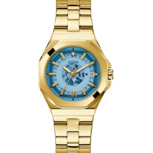 Montre femme Guess 34 mm réf. GW0551L2, cadran bleu, bracelet acier, mouvement quartz – vue de face | Horlova Maroc