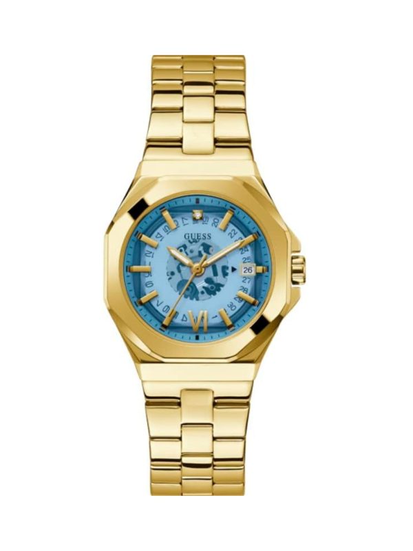 Montre femme Guess 34 mm réf. GW0551L2, cadran bleu, bracelet acier, mouvement quartz – vue de face | Horlova Maroc