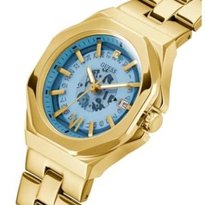 Montre femme Guess 34 mm réf. GW0551L2, cadran bleu, bracelet acier, mouvement quartz – vue de trois-quarts