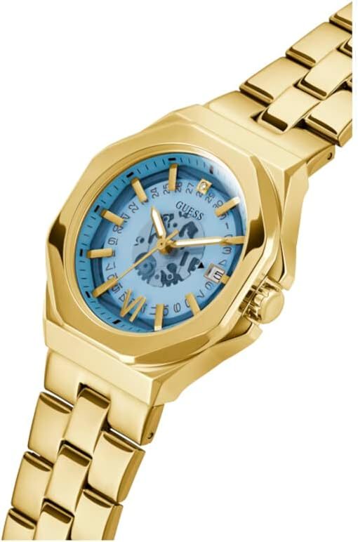 Montre femme Guess 34 mm réf. GW0551L2, cadran bleu, bracelet acier, mouvement quartz – vue de trois-quarts